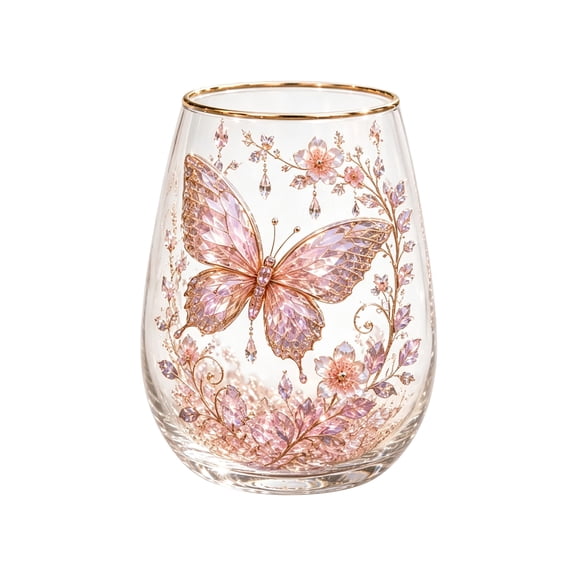Stemless Glass Cup with Cat Illustration and Floral Pattern Handcrafted Decorative Drinking Vessel for Home Kitchen Use