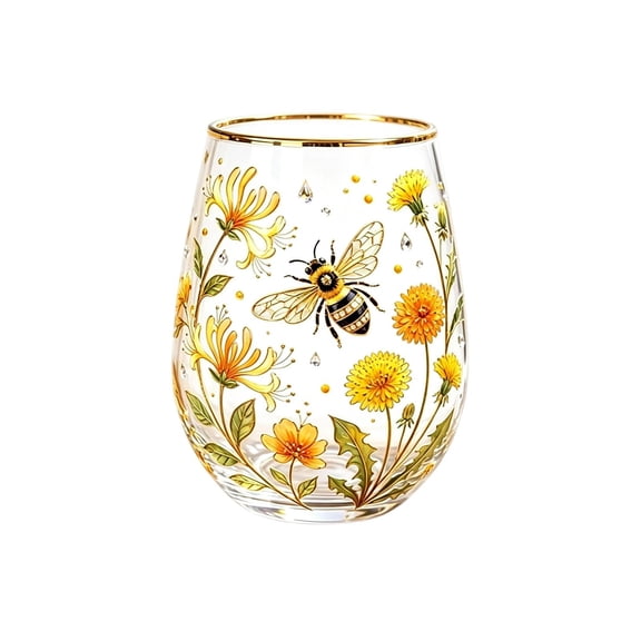Stemless Glass Dandelion Pattern Gold Rim Glass Drinking Cup for Kitchen and Dining Farmhouse Kitchen Decor Housewarming Gift Bridal Shower Gift Single Pack