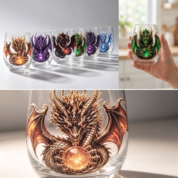 Stemless Glass, Dark Art Printed Stemless Glasses, Fantasy Magic Orb Themed Whiskey Glass, 4X3X3 Inch Glassware Drinking Glasses, Unique Gothic Dragon Drinking Glass for Home