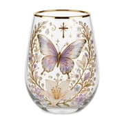 Stemless Glass Elegant Decorative Glass with Crystal Butterfly and Gold Rim Religious Drinkware for Use Spiritual Baptism Communion Gift