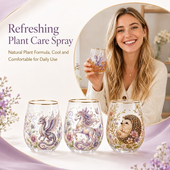 Stemless Glass, Floral Printed Drinking Glass, Gold Rim Glass Cup, 4.5X3.5 Inch Whimsical Home Decor Accent, Fantasy Crystal Pattern Water Glass for Daily Use, Bar Display, and