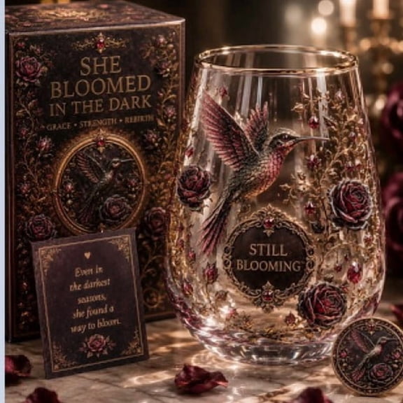 Stemless Glass, Rose Printed Glass, Gold Rimmed Glass, Vintage Drinking Glasses, 3.5X3.5X3.5 in 1Pc Decorative Clear Glass with Hummingbird Art Patterns for Daily Water, and