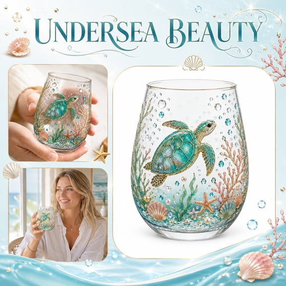 Stemless Glass Sea Glass Decor 4.5 Inch Coastal Sea Turtle Design Glass Cup for Home Table Nautical Decor Drinking Glass Single 1 Pack