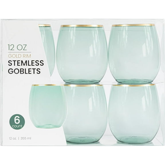 PLASTICPRO 12 Oz Disposable Stemless Wine Glasses Translucent Green Plastic Cups for Party, 6-Pack