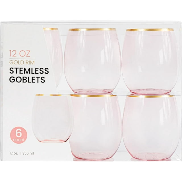 PLASTICPRO 12 Oz Disposable Stemless Wine Glasses Translucent Pink Plastic Cups for Party, 12-Pack