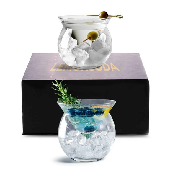 Stemless Martini Glasses with Chiller Set of 2 - Elegant Cocktail Glasses Set with Cavier Server Bowl - Beautiful Bar Martini Glass Gift Set for Margarita, Cosmopolitan, Manhattan Cocktails