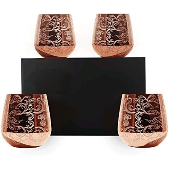 Stemless Stainless Steel Etching Wine Glasses,18 oz Copper Plated,Set Of 4$$Home Decor, Kitchen, & Other