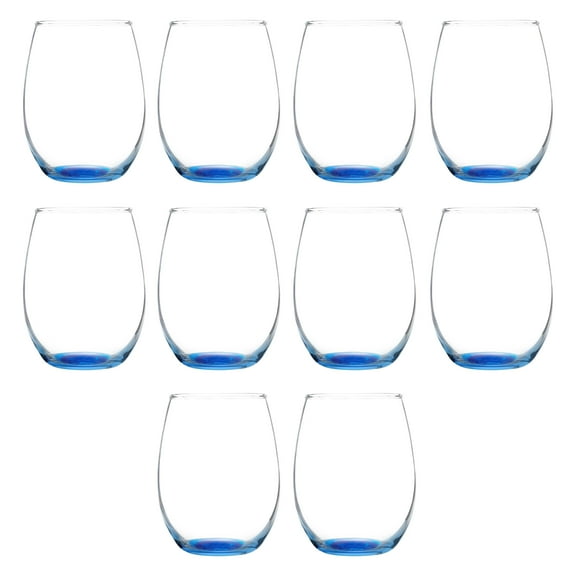 Stemless Wine Glass 9 oz. Set of 10, Bulk Pack - Great for Wedding Favors, Bachelorette Party Decorations, Party Favors, Color Bottom - Blue