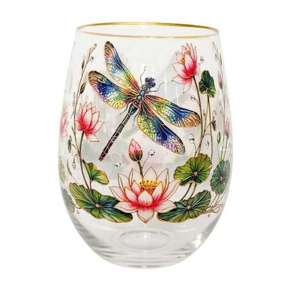Stemless Wine Glass, Dragonfly Lotus Floral Decorated Gold Rim Clear Glass Cup, Ideal For Home Kitchen Bar Daily Use, Holiday Gift Serving Water Juice Cocktail Beverages