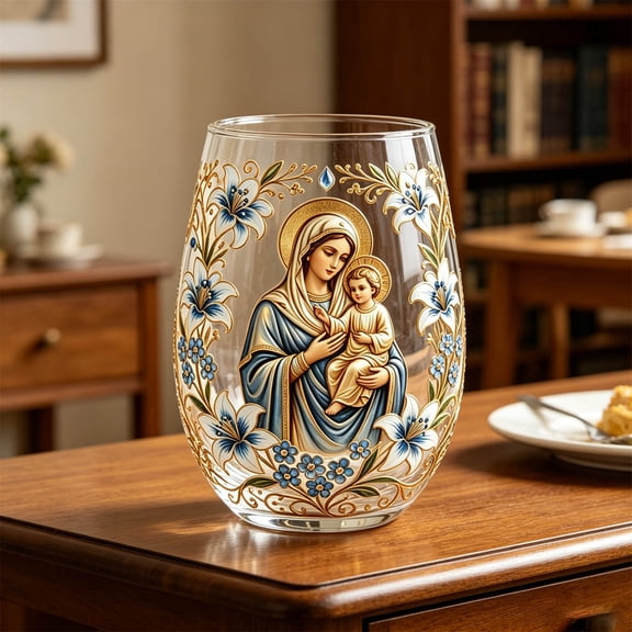 Stemless Wine Glass Religious Art Printed Cup Lamb Grape Gold Pattern Inspirational Catholic Gift Communion Baptism Home Decor Drinkware(A)