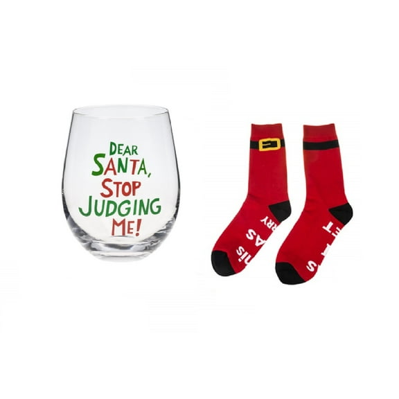 Stemless Wine Glass & Socks: Naughty List Stemless Wine Glass and Naughty Nice Socks - Gift Container Included