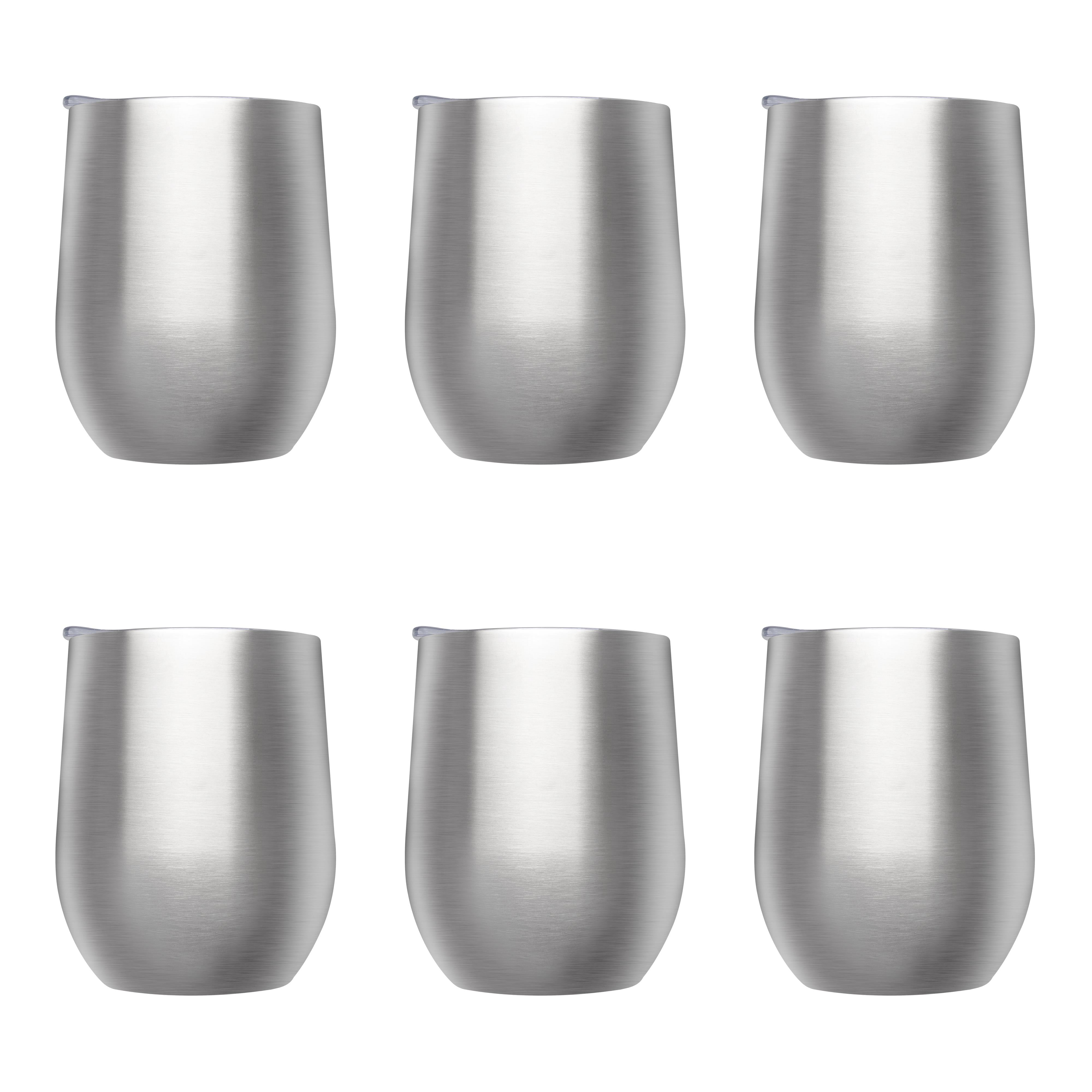 Stemless Wine Glass Tumblers with Lids by Largo 11 oz. Set of 6, Bulk Pack  - Perfect for Wine, Cocktails, Other Hot & Cold Beverages - Silver