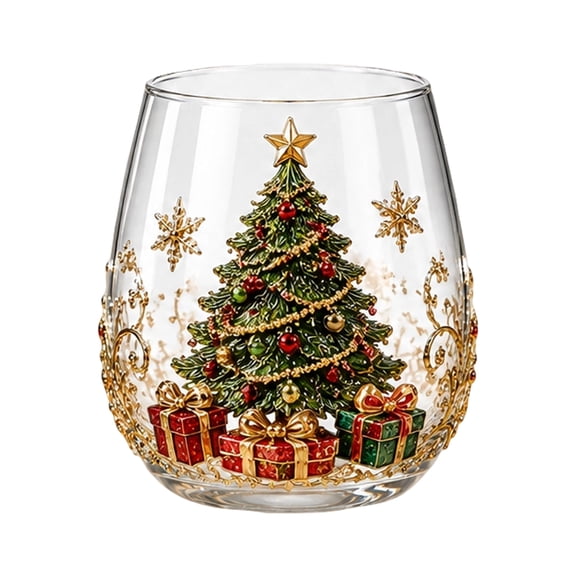 Stemless Wine Glasses 3D Christmas Tree Design with Gold Snowflakes and Gift Boxes Festive Holiday Drinkware for Parties