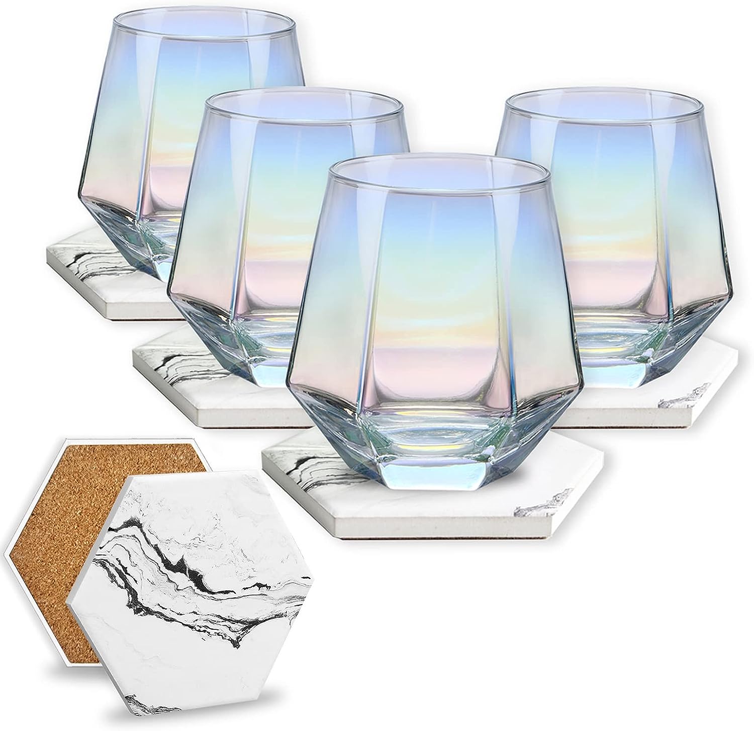 Stemless Wine Glasses with Coasters for Drinks, 10 oz Iridescent Wine