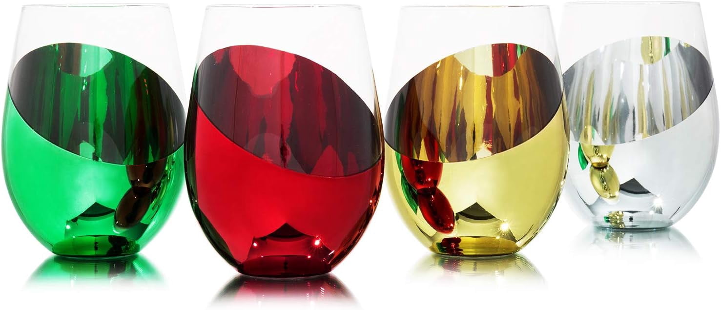 Modern Stemless Wine Glass Set Of 6 White Or Red Wine Glasses With Copper Metal Base Angled Design (Gold