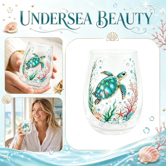 Stemless Wine Glasses, Garden Sea Turtle Morning Bliss Glass, Hand Painted Sea Turtle Stemless Wine Drinking Cup, Clear Animal Pattern Glass Cups, Nature Art Tumbler Gift, Home Bar Party Supplies
