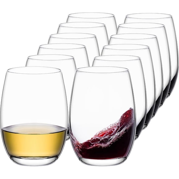 Stemless Wine Glasses Set of 12, 17oz Lead-Free Drinking for Red & White Wine, Cocktails, Juice, Sturdy Base Glassware Pack Party, Wedding Home Bar
