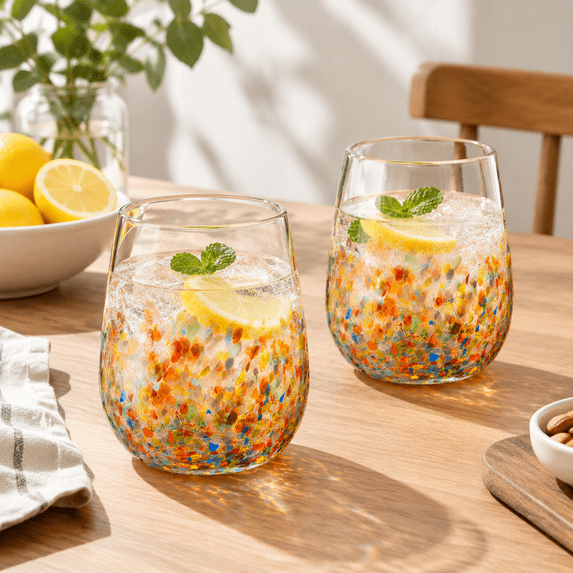 Stemless Wine Glasses, Set of 2, 13 Oz Hand Blown Recycled Glass with ...