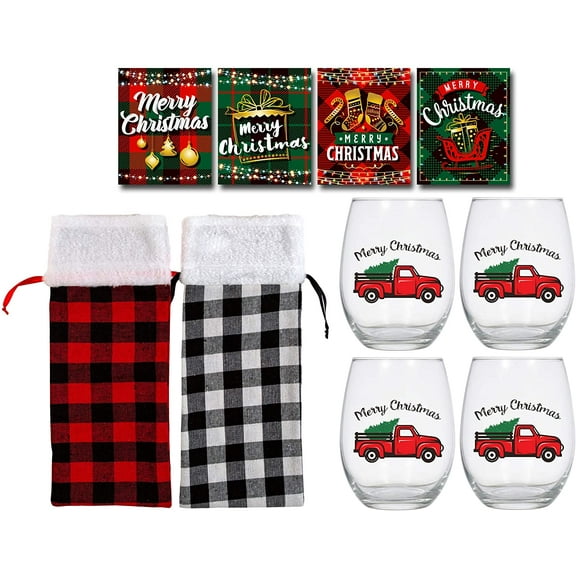 Stemless Wine Glasses Set with Wine Gift Bag and Set of 4 Wine Bottle Labels, Stemless Wine Glass