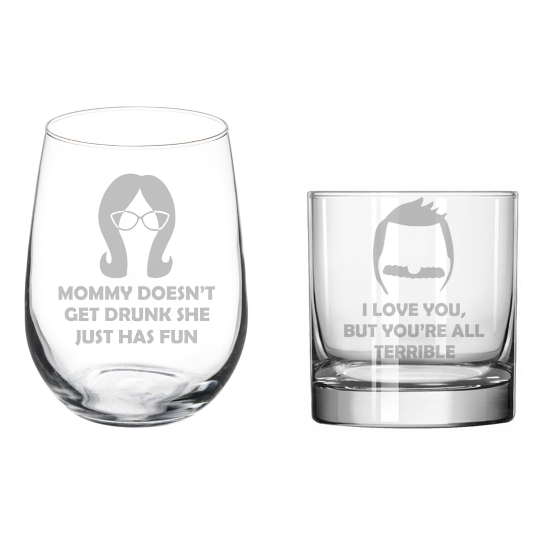 Stemless Wine & Rocks Whiskey Glass Gift Set of 2 Mommy Doesn't Get Drunk She Just Has Fun & I Love You But You're all Terrible Funny