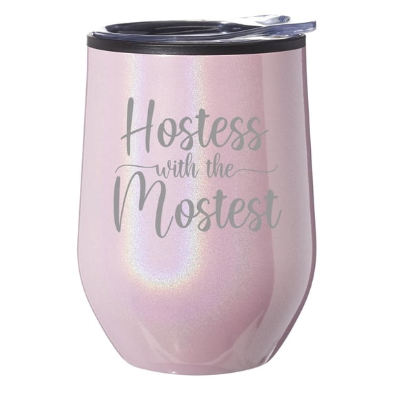 Stemless Wine Tumbler Coffee Travel Mug Glass With Lid Gift Hostess With The Mostest Hostess Thanksgiving Holiday Party Host (Pink Glitter Iridescent)