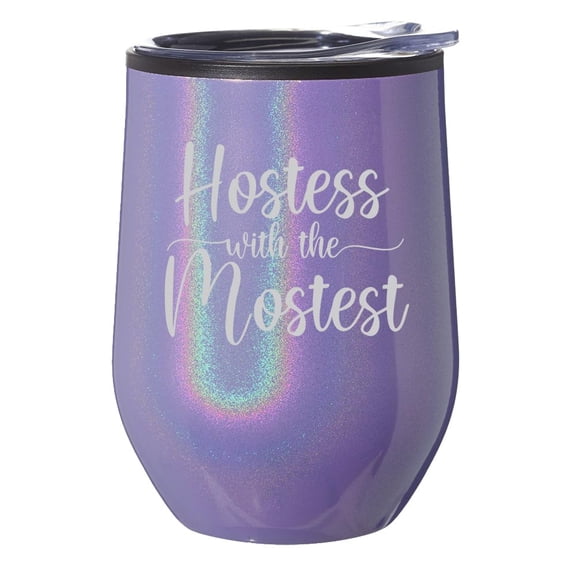 Stemless Wine Tumbler Coffee Travel Mug Glass With Lid Gift Hostess With The Mostest Hostess Thanksgiving Holiday Party Host (Purple Glitter Iridescent)