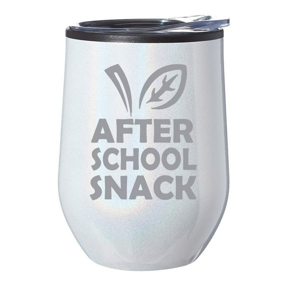 Stemless Wine Tumbler Coffee Travel Mug Glass With Lid After School Snack Funny Teacher (White Iridescent Glitter)