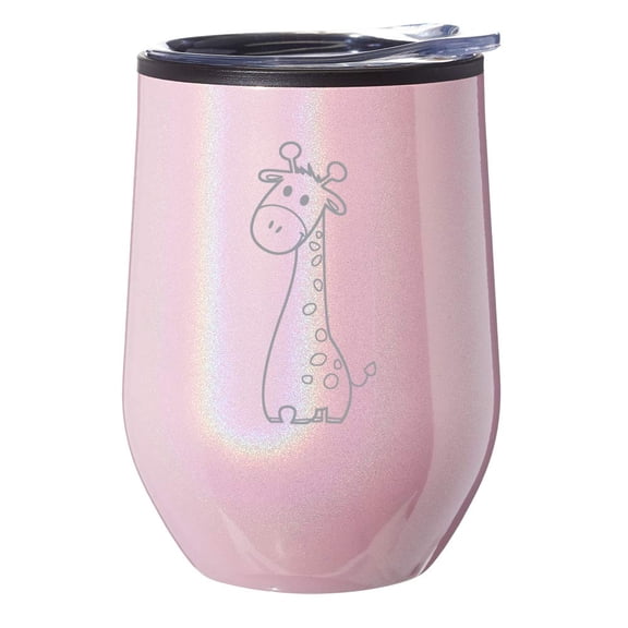 Stemless Wine Tumbler Coffee Travel Mug Glass With Lid Cute Giraffe Cartoon (Pink Iridescent Glitter)