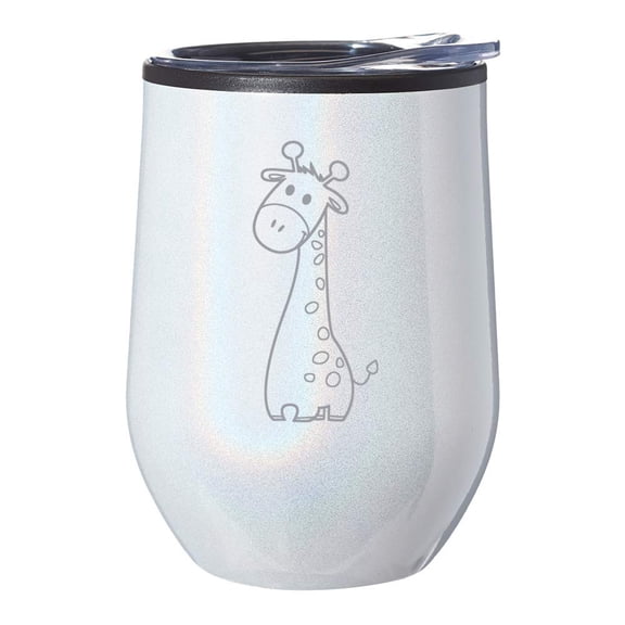 Stemless Wine Tumbler Coffee Travel Mug Glass With Lid Cute Giraffe Cartoon (White Iridescent Glitter)