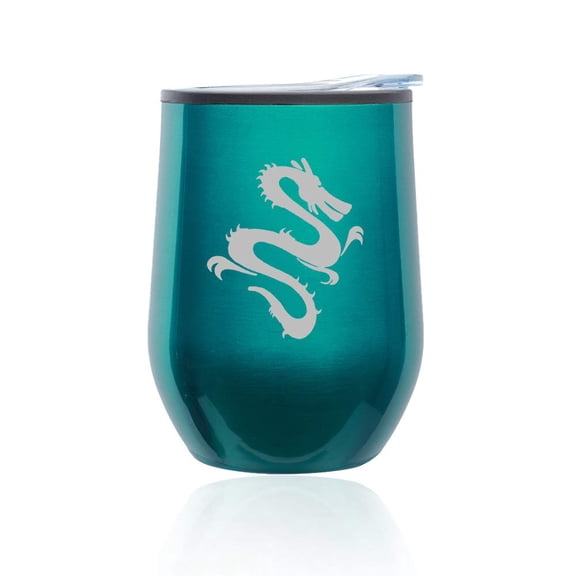 Stemless Wine Tumbler Coffee Travel Mug Glass With Lid Dragon (Turquoise Teal)