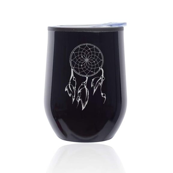 Stemless Wine Tumbler Coffee Travel Mug Glass With Lid Dreamcatcher With Feathers (Midnight Black)