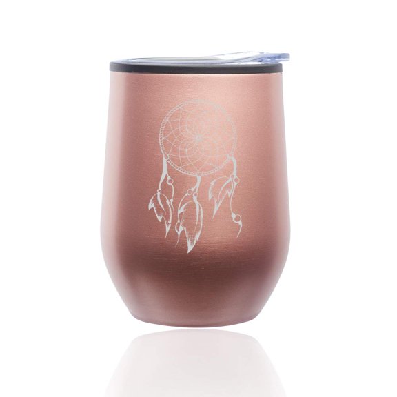Stemless Wine Tumbler Coffee Travel Mug Glass With Lid Dreamcatcher With Feathers (Rose Gold)