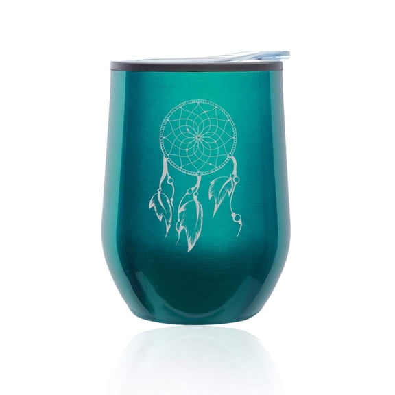 Stemless Wine Tumbler Coffee Travel Mug Glass With Lid Dreamcatcher With Feathers (Turquoise Teal)