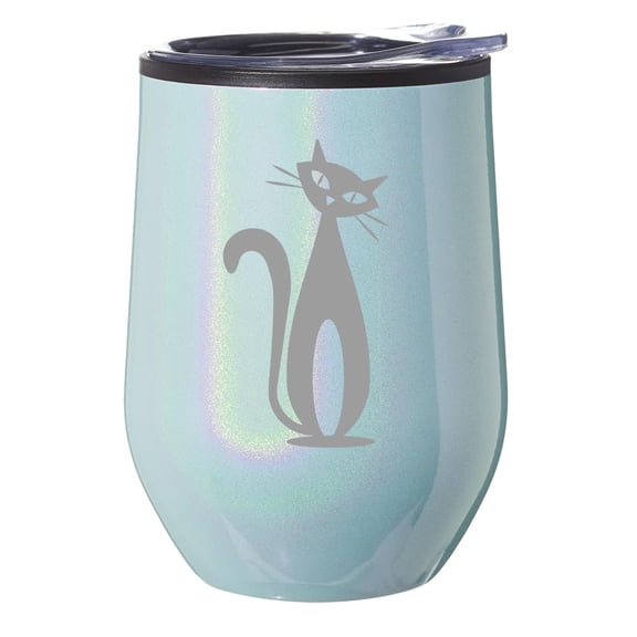 Stemless Wine Tumbler Coffee Travel Mug Glass With Lid Gift Atomic Cat Mid Century Modern Cat (Blue Glitter Iridescent)