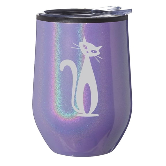 Stemless Wine Tumbler Coffee Travel Mug Glass With Lid Gift Atomic Cat Mid Century Modern Cat (Purple Glitter Iridescent)
