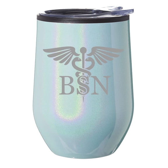 Stemless Wine Tumbler Coffee Travel Mug Glass With Lid Gift BSN Bachelor of Science Nurse Caduceus (Blue Glitter)