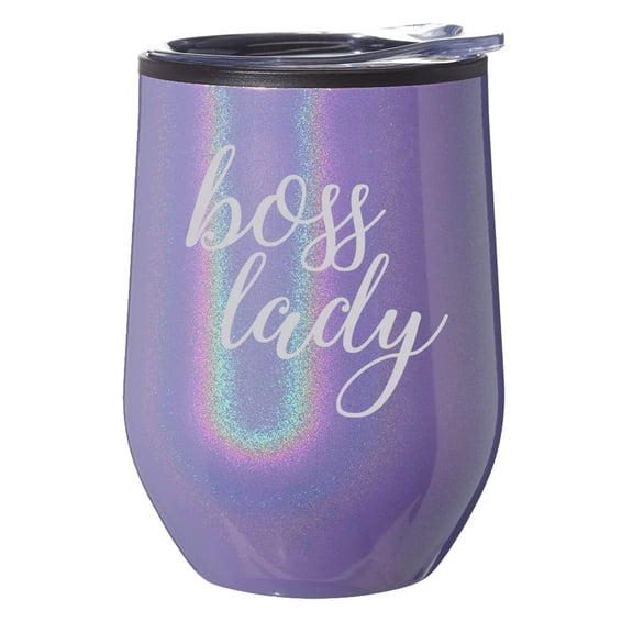 Stemless Wine Tumbler Coffee Travel Mug Glass With Lid Gift Boss Lady (Purple Glitter)