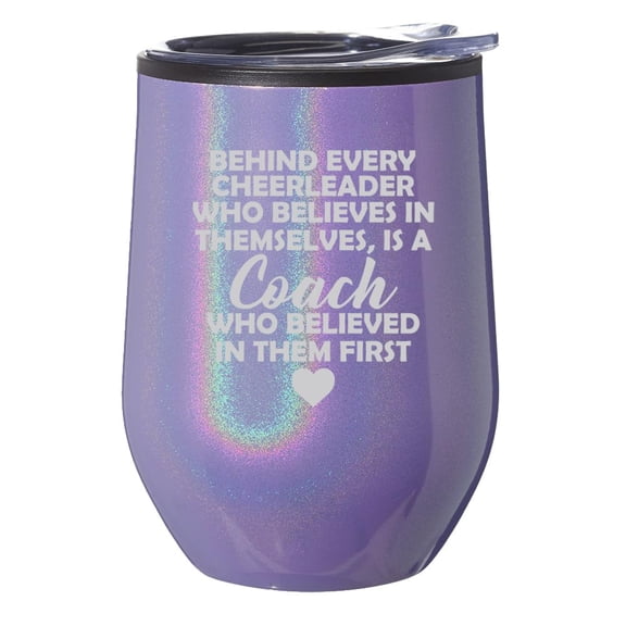 Stemless Wine Tumbler Coffee Travel Mug Glass With Lid Gift Cheer Coach Gift Cheerleader Coach (Purple Glitter Iridescent)