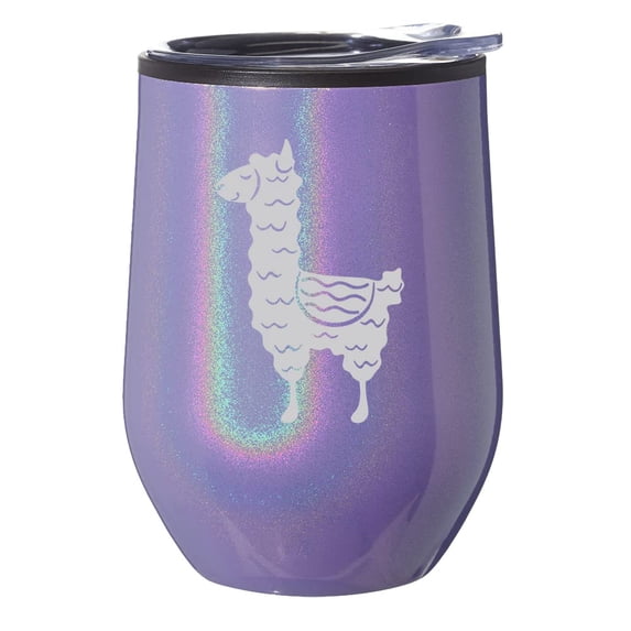 Stemless Wine Tumbler Coffee Travel Mug Glass With Lid Gift Cute Llama (Purple Glitter)