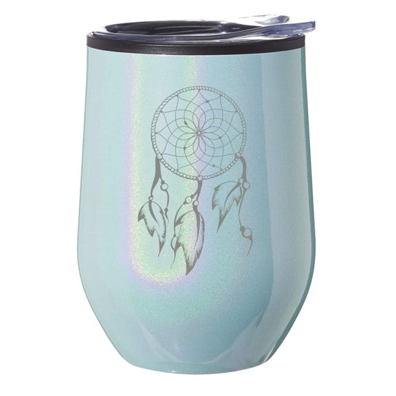 Stemless Wine Tumbler Coffee Travel Mug Glass With Lid Gift Dreamcatcher With Feathers (Blue Glitter)