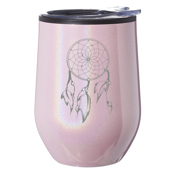 Stemless Wine Tumbler Coffee Travel Mug Glass With Lid Gift Dreamcatcher With Feathers (Pink Glitter)