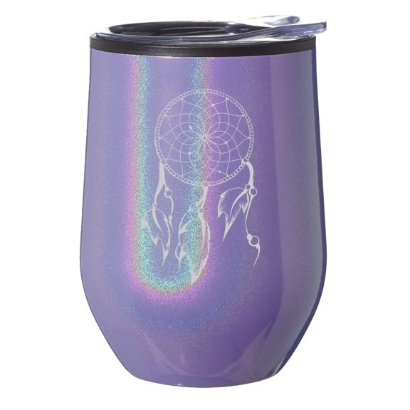 Stemless Wine Tumbler Coffee Travel Mug Glass With Lid Gift Dreamcatcher With Feathers (Purple Glitter)