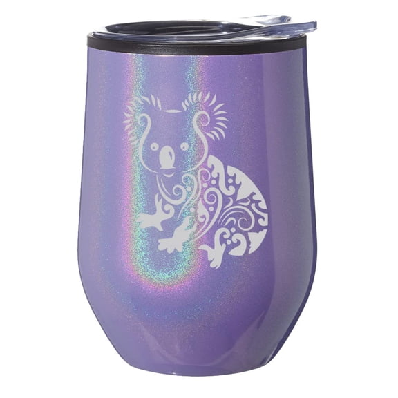 Stemless Wine Tumbler Coffee Travel Mug Glass With Lid Gift Fancy Koala Bear (Purple Glitter)