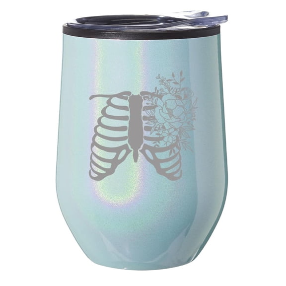 Stemless Wine Tumbler Coffee Travel Mug Glass With Lid Gift Floral Rib Cage Radiologist Radiologic Technologist X-Ray Tech (Blue Glitter Iridescent)