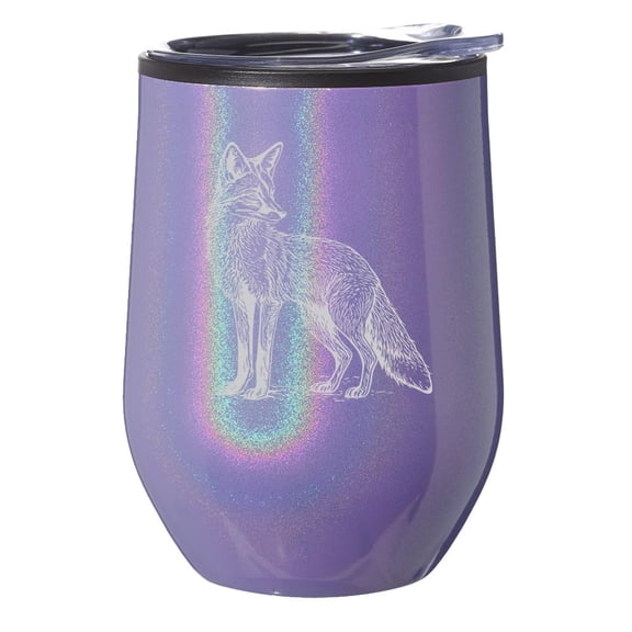 Stemless Wine Tumbler Coffee Travel Mug Glass With Lid Gift Fox (Purple Glitter Iridescent)