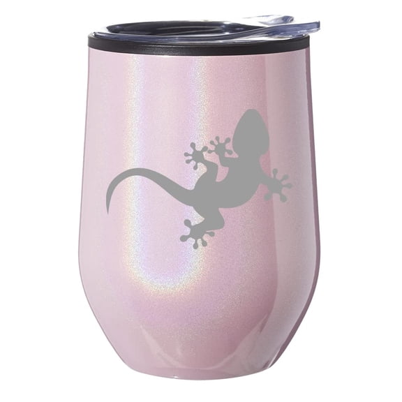 Stemless Wine Tumbler Coffee Travel Mug Glass With Lid Gift Gecko Lizard (Pink Glitter)