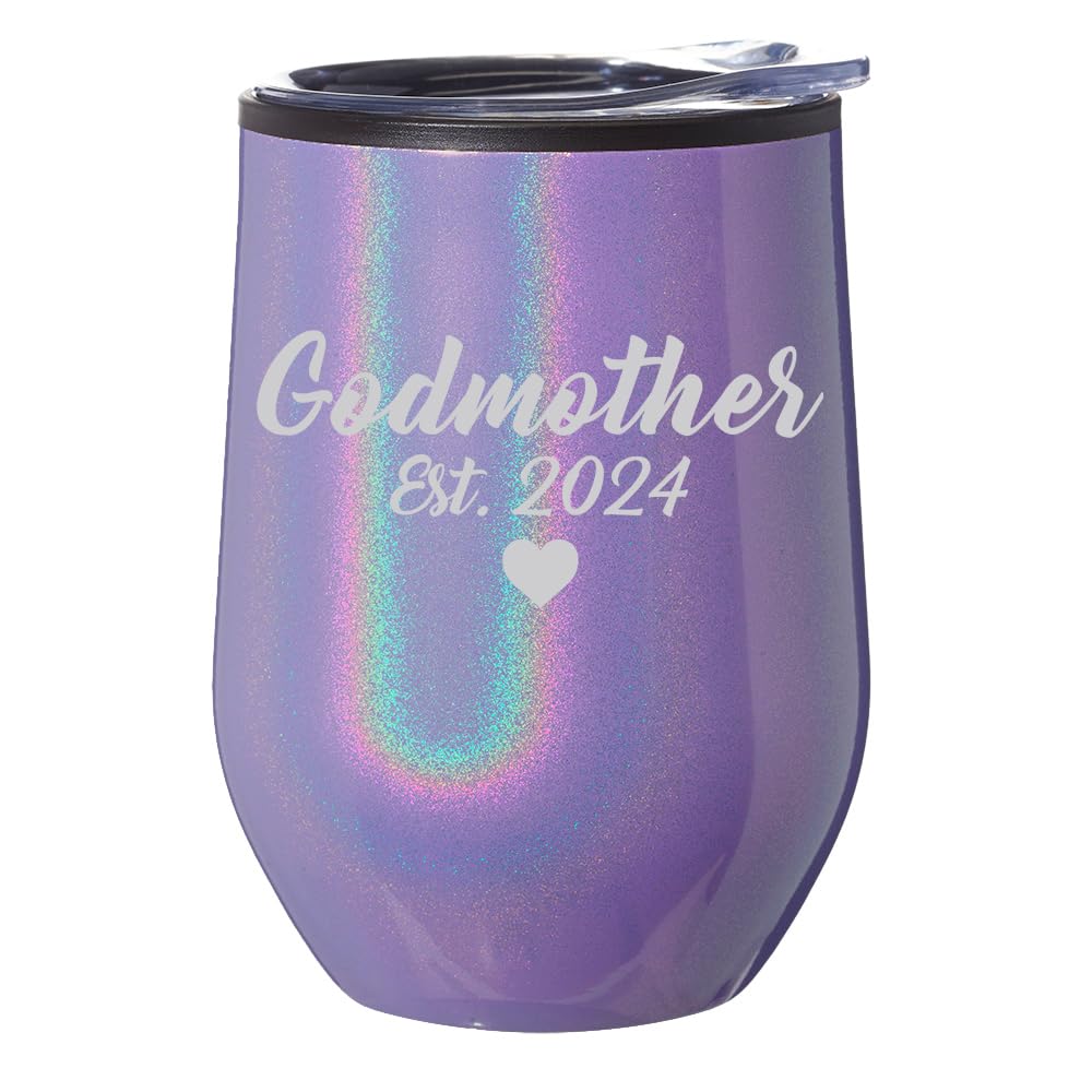Stemless Wine Tumbler Coffee Travel Mug Glass With Lid Gift Godmother Est 2024 Christening Baptism (Purple Glitter)