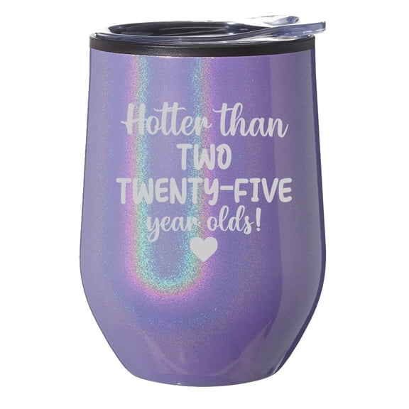 Stemless Wine Tumbler Coffee Travel Mug Glass With Lid Gift Hotter Than Two 50th Birthday Fifty For Her (Purple Glitter Iridescent)