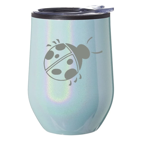 Stemless Wine Tumbler Coffee Travel Mug Glass With Lid Gift Ladybug (Blue Glitter)