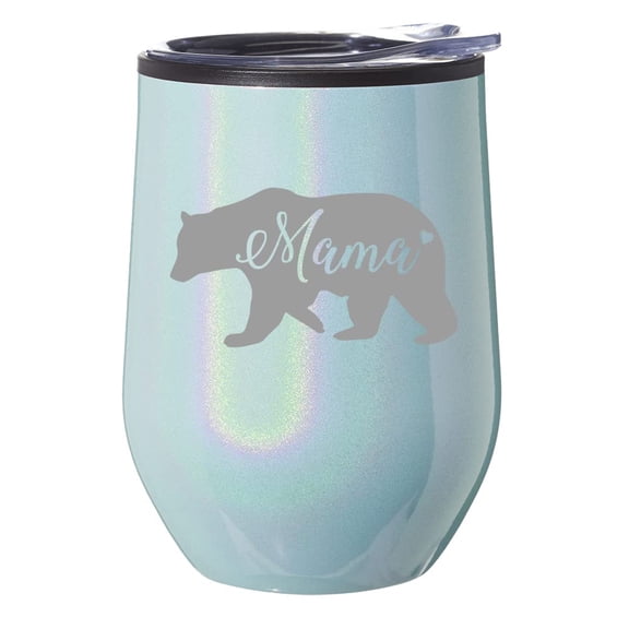 Stemless Wine Tumbler Coffee Travel Mug Glass With Lid Gift Mama Bear Mom Mother (Blue Glitter)